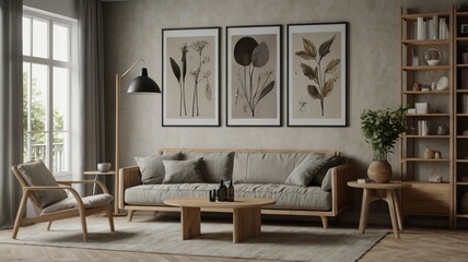 A modern living room with a sofa, wooden coffee table, and minimalist decor. The room features framed art pieces on the wall, a floor lamp, a potted plant, and a shelving unit with various items