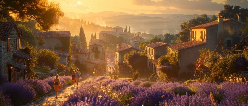Fototapeta A picturesque street in Provence, lavender fields, stone houses, people walking, golden hour light, wide-angle, charming and rustic., Leading lines, centered in frame, natural light