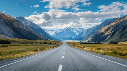Fototapeta premium Long, empty road through picturesque valley with mountains in the background
