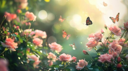 A garden of blooming pink roses under a soft, morning light, with butterflies fluttering around, capturing serenity and natural beauty. 
