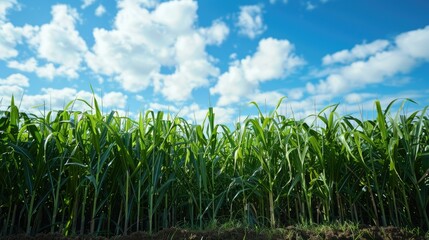 Obraz premium Lush green sugar cane plants stretching into the horizon under blue sky