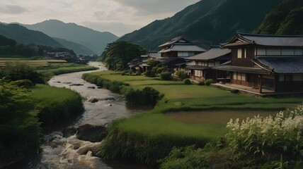 Serene Japanese Village Along a Winding River