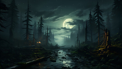 Full Moon Woods - Moonlight, Lunar Scene, Dark Forest, Creepy Night Setting, Halloween, Hallows Eve, Creepy