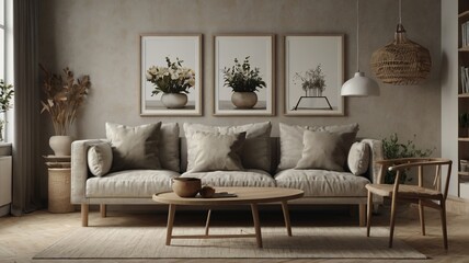 A modern living room with a sofa, wooden coffee table, and minimalist decor. The room features framed art pieces on the wall, a lamp, a potted plant.