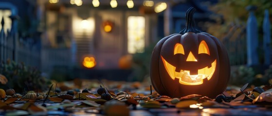 Obraz premium Cute 3D carved pumpkin in front of a clean house, moonlight, bright colors, matte clay surface, copy space