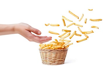 French fries - French fries flying out of basket in hand, flying fast food isolated on white background 
