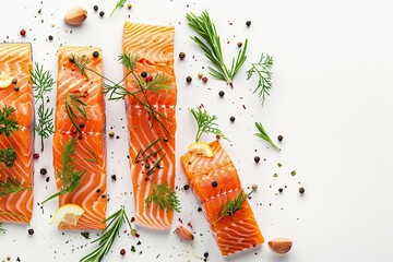  Fresh raw salmon fillets with herbs and spices on white background
