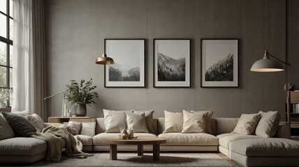 A modern living room with a sofa, wooden coffee table, and minimalist decor. The room features framed art pieces on the wall, a lamp, a potted plant.