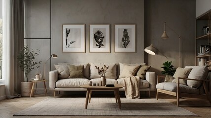 A modern living room with a sofa, wooden coffee table, and minimalist decor. The room features framed art pieces on the wall, a floor lamp, a potted plant, and a shelving unit with various items