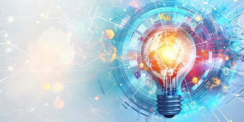 A light bulb is surrounded by a colorful, abstract design