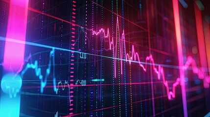 Stock market graph with neon colors and sharp lines illustrating market trends on screen