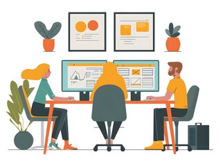 A man and two women sit at a desk with two computer monitors