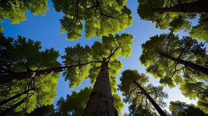 Fototapeta premium looking up green forest trees with green leaves blue sky and sun light