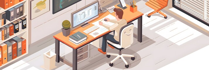 A man is sitting at a desk with a computer and a chair