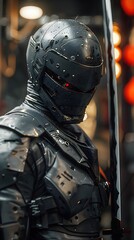 Fototapeta premium Ominous Cyborg Ninja with Gleaming Cybernetic Limbs and Energy Sword in Moody Cyberpunk-Inspired Atmosphere