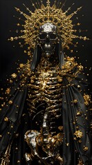 Ornate Metallic Skeletal Figure Adorned in Ominous Golden Accents against Glitchy Digital Backdrop