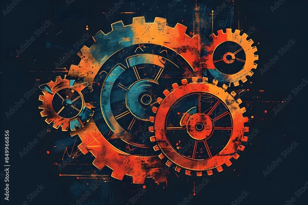 Canvas Prints Simplified Mechanical Power Icon with Interconnected Cogs and Components in Vivid Metallic Tones