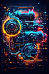 Vivid Mechanical Power Symbol with Smooth Flowing Gears and Pistons in Futuristic Neon Palette