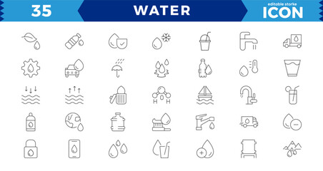 water linear icon collection real estate.Set of outline water icons. Minimalist thin linear web icon set.  Drop Water, Mineral Water, Shower, Plastic Bottle and Glass. Editable stroke.