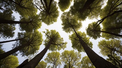 looking up green forest trees  with green leaves blue sky  and sun light