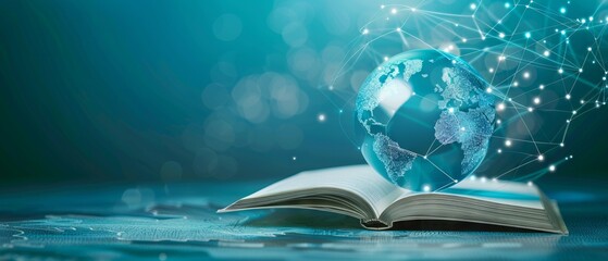 Futuristic global education with open book and globe map on blue background. World book day. International literacy day