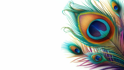 Watercolor of Decorative Peacock Feather With Vivid Shades of Blue and Gre Lohri India on White BG, generative ai