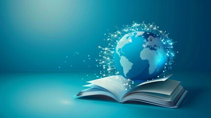 Futuristic global education with open book and planet map on blue background. World book day. International Literacy Day