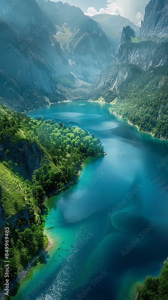 Wall mural breathtaking aerial view of a serene mountain lake surrounded by lush greenery - Wall murals