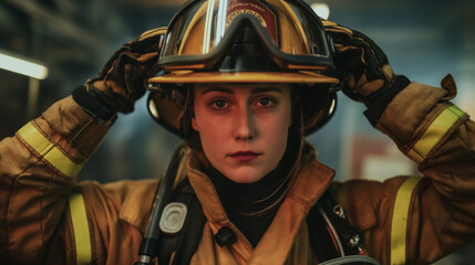 female firefighter wears helmet
