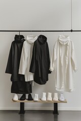 A row of shirts hanging on a clothesline, with the white shirt on the left and the black shirt on the right