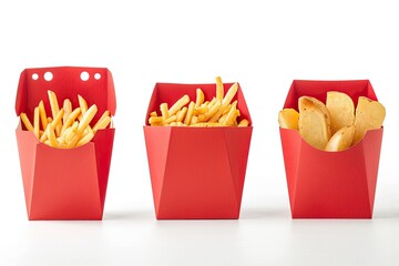Set of red cardboard package boxes with french fries and baked potato slices, isolated on white background 