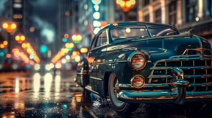 Classic vintage cars illuminated under the enchanting city lights during the night
