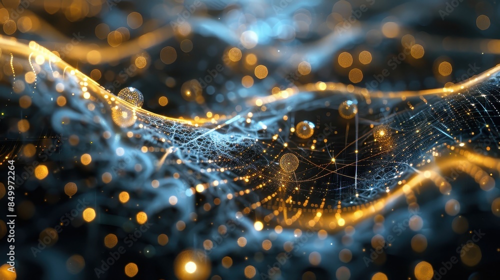 Poster a blurry image of a wave with many small dots of light. the image has a dreamy, ethereal quality to 