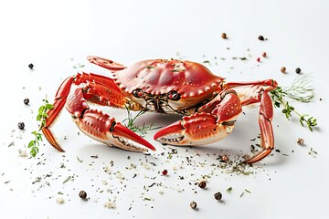 Red crab seafood sprinkled with dried herbs isolated white background