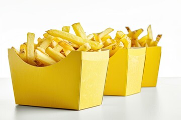 yellow cardboard package boxes with french fries and baked potato slices, isolated on white background 