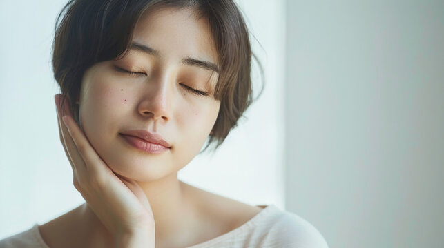 Close-up of young woman with healthy skin, Generative AI