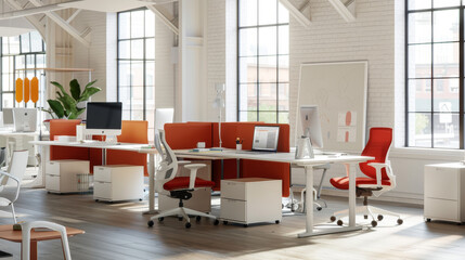 A large open office space with white walls and orange cubicles