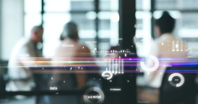 Digital graphic, overlay and stock data for programmer meeting with cybersecurity for future. Online chart, ux research and information technology dashboard for a employee coding with web analytics