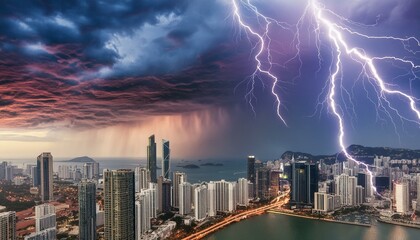Fototapeta premium Lightning storm in a urban city, beautiful scene of rain clouds; skyline