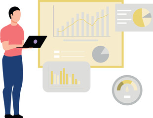 Boy using laptop for economic graphs.