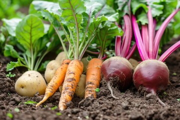 Organic Vegetables Harvest. Autumn Fresh Raw Carrot, Beetroot, and Potatoes on Garden Soil