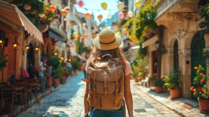 young woman wearing hat and backpack enjoying summer vacation in popular touristic place. View from back. Wanderlust concept.