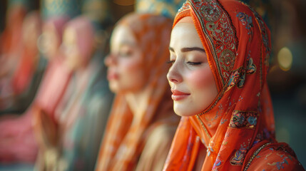 Obraz premium Portrait of a beautiful hijab woman wearing a patterned headscarf, closing her eyes to concentrate on praying