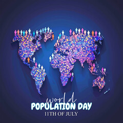 Vibrant World Population Day illustration featuring a glowing world map with diverse human figures, highlighting global unity and population awareness, ideal for educational and promotional use.