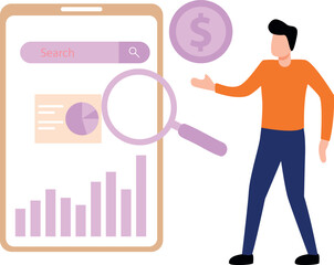 Boy looking at dollar chart graph.