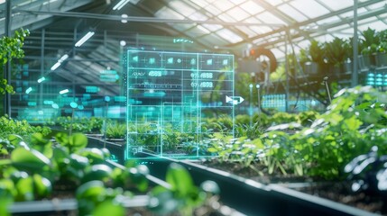 Brainstorming session in a hightech greenhouse, with digital overlays of plant growth data and climate control, Futuristic, Soft lighting