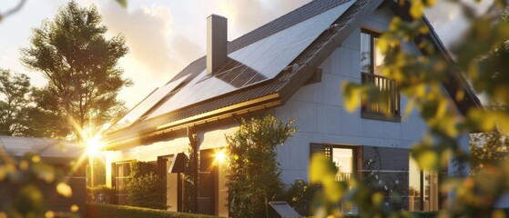 Fototapeta premium Close-up of new suburban house with a photovoltaic system on the roof. Modern eco friendly passive house with solar panels on the gable roof, with sunlight in the morning vibes. Eco friendly concept