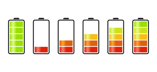 battery level indicators. Battery life, accumulator, battery running low, battery vector illustration