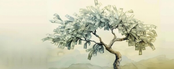 A tree with withering leaves made of money, representing economic and environmental decline, watercolor, soft tones, realistic