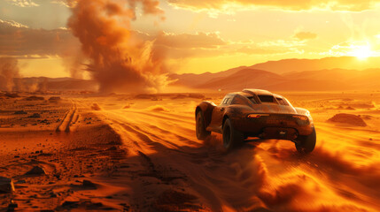Offroad cars driving fast in the desert area, flying sand dust, offroad car racing competition on the sand